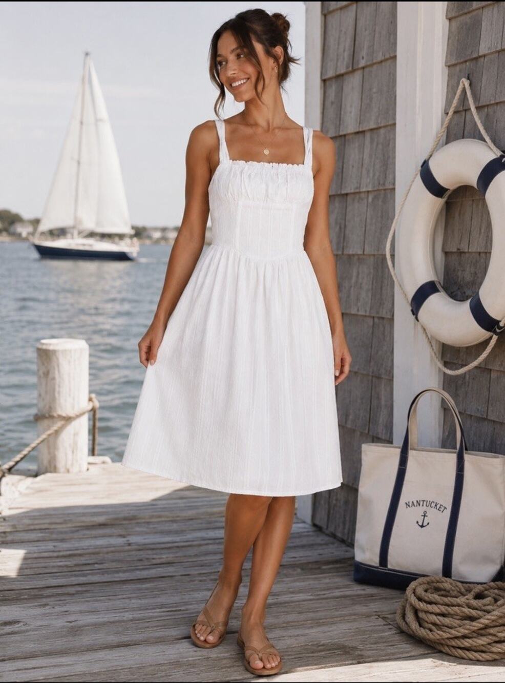 Wild Fable Milkmaid Midi Dress White Smocked Coquette Cottagecore Coastal XS